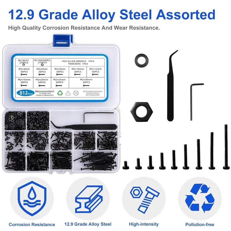 MklusiveTech 812 Pcs M2 Screw Kit 12.9 Grade High Strength Carbon Steel M2X4mm 6mm 8mm 10mm 12mm 16mm 20mm 25mm 30mm Black Complete Set Screw Assortment with Metric Bolt Assortment Nuts and Bolts - Image 4